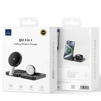 Бездротова зарядка Wiwu Wi-W028 3in1 Qi2 Folding Series (Phone/Earphone/Watch) (Black)
